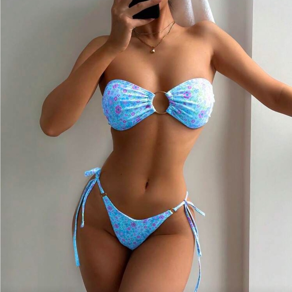 Strapless Ring-Front Floral Bikini Set - Blue